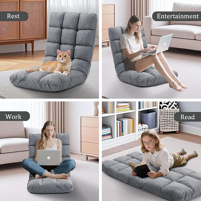 Folding Floor Chair with Back Support, 14 Adjustable Positions, Breathable Padded Sleeper Bed, Couch Recliner, Gaming Sofa Chair for Adults & Kids, Perfect for Meditating, Reading, Living Room (Grey)