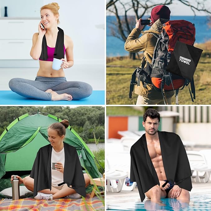Microfiber Camping Towel Small Lightweight Quick Dry Towels for Gym Face Neck Body Sweat Golf Cycling Hiking (Black, 2 Pack S)