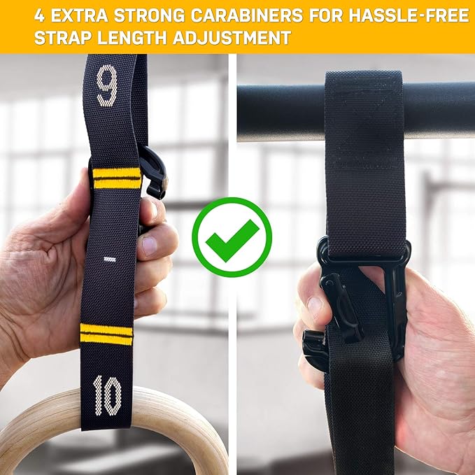 Double Circle Quick Adjust Numbered Straps for Gymnastic Rings - Carabiner System and Exercise Video Guide for Full Body Workout, Calisthenics, and Home Gym