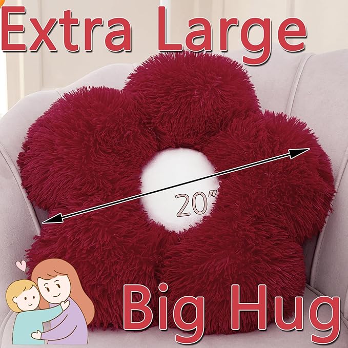 MorroMorn Flower Pillow Shaped Throw Pillows, 20" Floor Pillow Butt Cushion - Fluffy Shaggy Daisy Floral Decorative Pillows for Bed Couch Sofa Chair Cute Plush Faux Fur Room Decor (Dark Red)