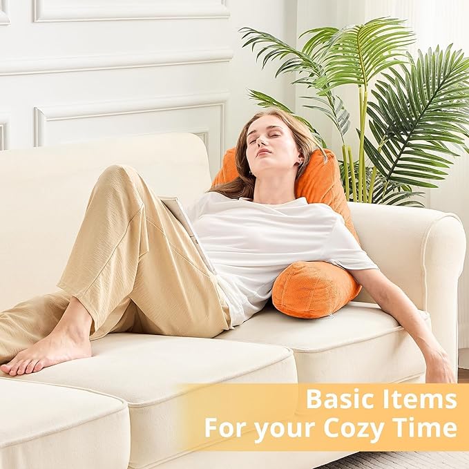 Sasttie Reading Pillow, Velvet Back Pillow for Bed Sitting Up, Adult Back-Rest Support Cushion with Arms for Sit Up on Couch, Sofa, and Floor, Dorm Essentials, Reading Accessories, Orange