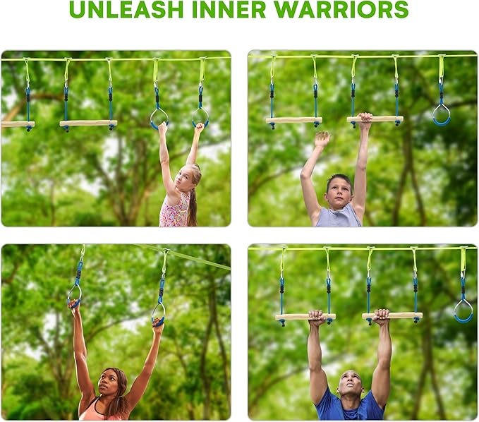 Flybold Obstacle Course for Kids - 40 Ft Ninja Warrior Slackline Kit with 8 Adjustable Obstacles - Tree Protectors, Twin Gear Ratchets, Carry Bag - Complete Outdoor Adventure Set
