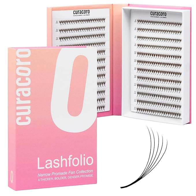Curacoro LashFolio Narrow Promade Fans, Handmade Volume Eyelashes, 5D~10D, C CC D Curl, Thickness 0.03~0.07mm, 8-15mm Length, Professional Long-Lasting Promade Lash Fans (5D-0.07 D, 12mm)