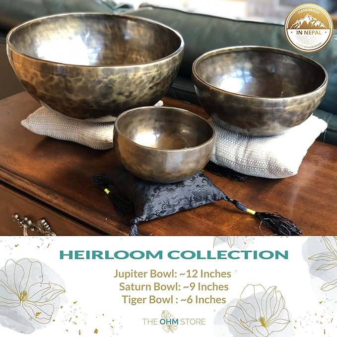 Large Tibetan Singing Bowl Set by Ohm Store — Jupiter Pure Bronze Meditation Sound Bowl 12 Inches, 2 Mallets and a Cushion — Sound Bath Instrument to Enhance Yoga, Prayer, Chakra Healing, and Mindset