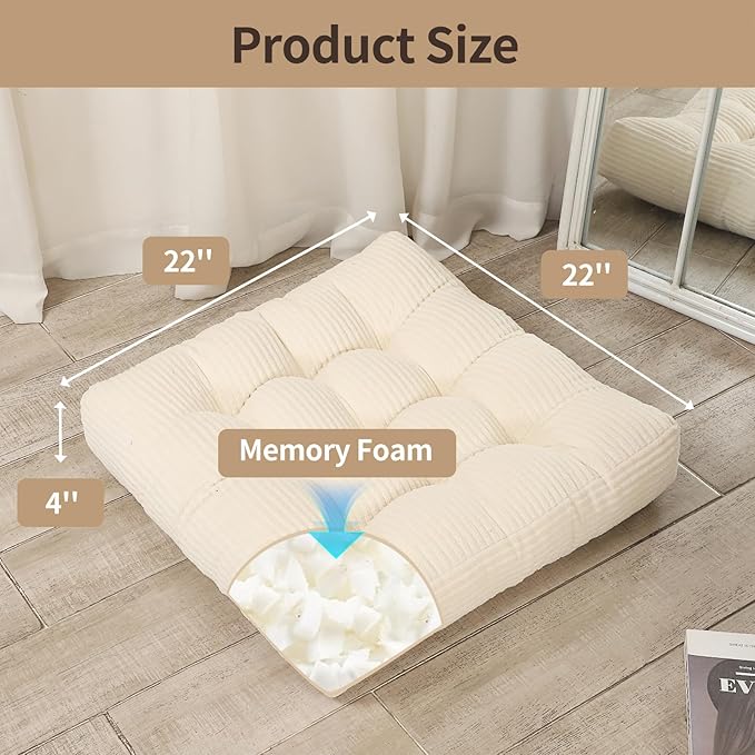 22 inches Meditation Pillow, 2 Pack Square Large Floor Cushions for Adults, Thick Corduroy Floor Pillows for Sitting, Yoga, Living Room, Sofa, Tatami, Beige