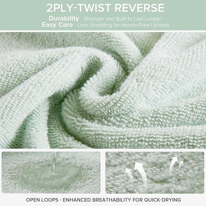 Comfort Spaces Luxury Bath Towel Set of 12 - 4 Large, 4 Hand, 4 Washcloths, 100% Cotton Quick Dry, Zero Twist, Soft Lightweight, Seafoam Green