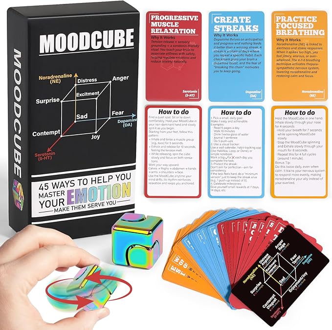 Anxiety & Stress Relief Cards with MoodCube Spinner – Science-Based Self Care & Emotion Therapy Tools, Mindfulness Gift for Women, Teens & Adults | Mental Health Support for Calm & Focus