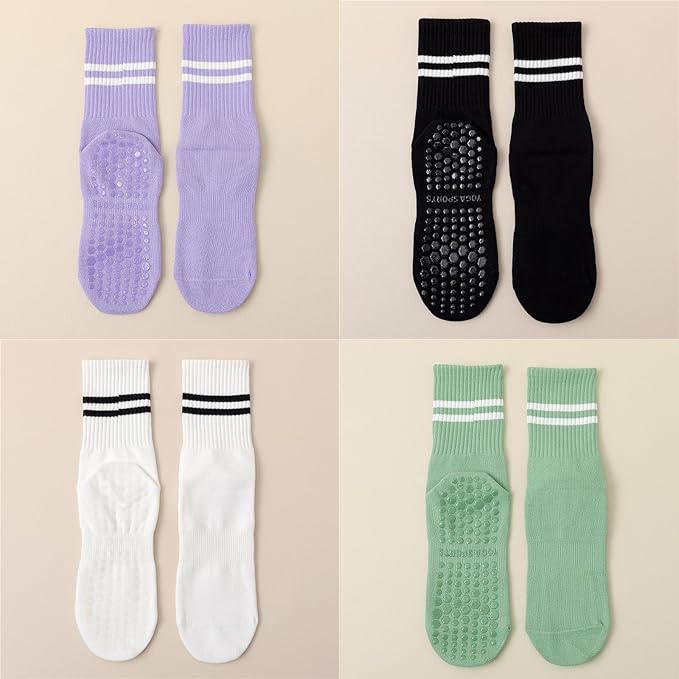 DTWAWA Womens 4Pcs Pilates Grip Socks Non Slip Yoga Socks with Grips Barre Hospital Athletic Socks for Women