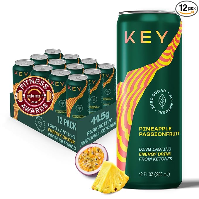 KEY Ketone Energy Drink - Sugar Free, 80mg Low Caffeine, All Natural, 11.5g Ketones, Long Lasting Energy, Green Tea & L-Theanine for Mental Focus, Pineapple Passionfruit (Pack of 12)