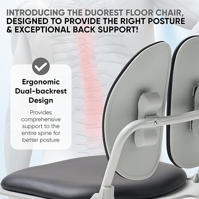 Made in Korea Dual-Backrests Ergonomic Floor Chair With Back Support - Meditation, Gaming, Reading Chair for Adults, Foldable (Black Leather)