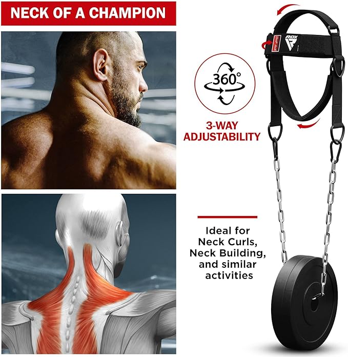 RDX Neck Harness Weight Lifting Training, Head Harness Exerciser, 4MM Padded Neck Builder, 90CM Long Adjustable Steel Chain, Gym Boxing Strength Resistance Workout, Strengthener Trainer Equipment