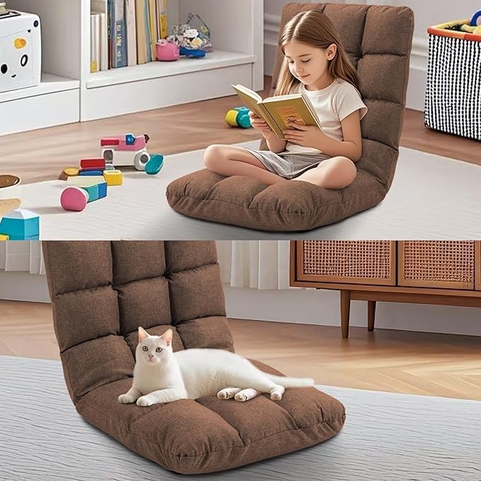 Folding Floor Chair with Back Support, 14 Adjustable Positions, Breathable Padded Sleeper Bed, Couch Recliner, Gaming Sofa Chair for Adults & Kids, Perfect for Meditating, Reading, Living Room (Brown)