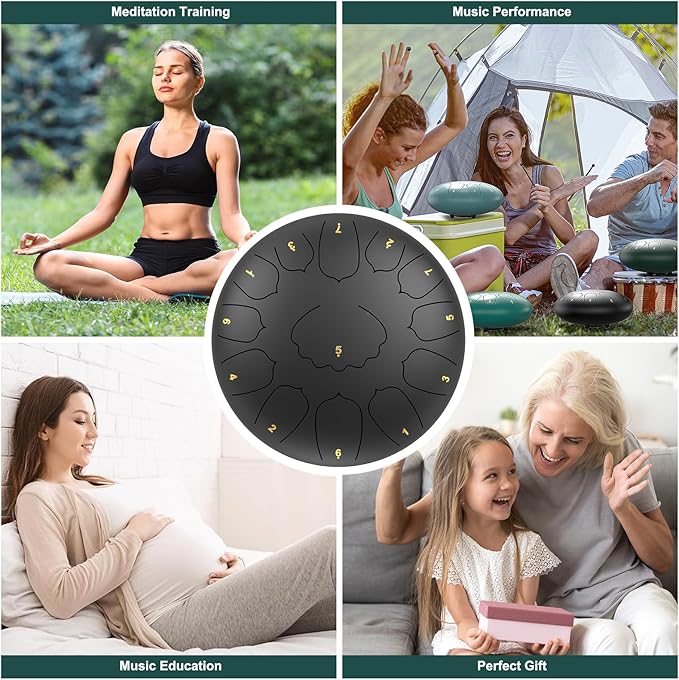 Large Steel Tongue Drum Handpan: 12 Inches 13 Notes Rain Drums for Outside Garden, Meditation Hand Pan with Music Book, Mallets and Carry Bag, Musical Instrument for Adult Kid Gift (Black)