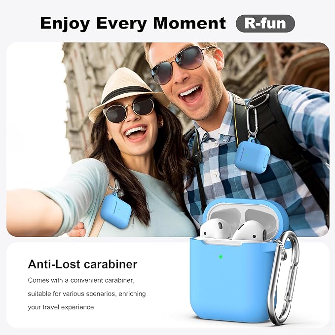 R-fun Compatible with AirPods Case Cover, Soft Silicone Protective Cover with Keychain for Women Men Compatible with Apple AirPods 2nd 1st Generation Charging Case, Front LED Visible,Light Blue