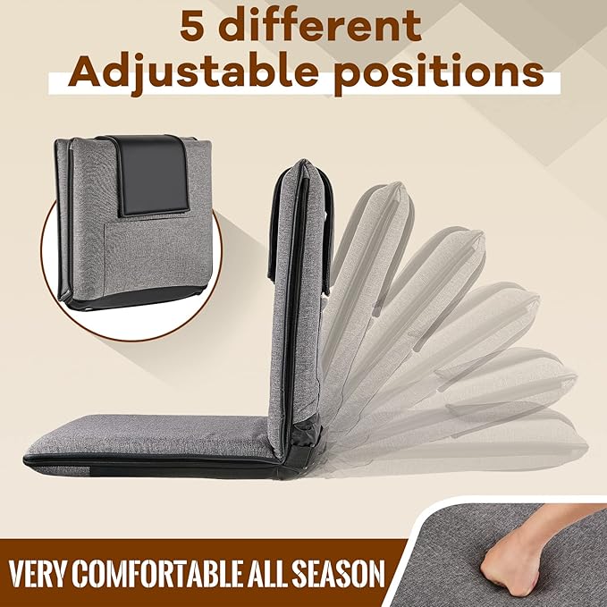 2 Pcs Adjustable Floor Chair with Back Support, Padded Seat, Portable, Meditation Cushion, Fully Folding Backrest for Adult, Kid, Gaming - Linen Washable Cover, Nylon Bottom (Gray, Black)
