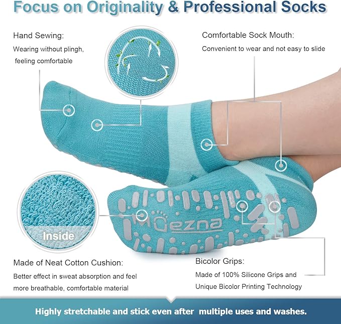Muezna Non Slip Yoga Socks for Women, Anti-Skid Pilates, Barre, Hospital Socks with Grips, Size 5-10