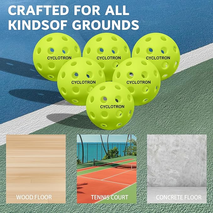 cyclotron 6-Pack Premium Pickleball Balls - USAP Approved, 40 Holes Outdoor/Indoor Pickle Balls with Bag, Perfectly Balanced, High Bounce True Flight, Pickle Ball for Tournament Play