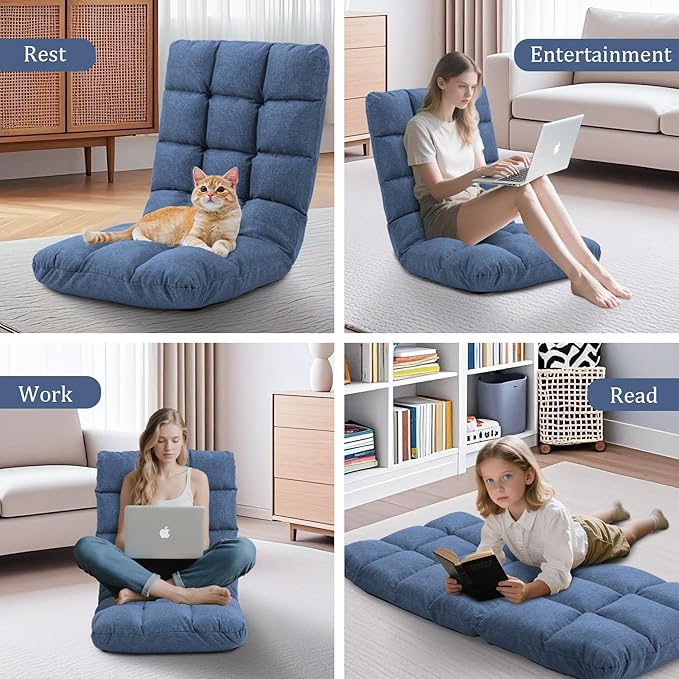 Folding Floor Chair with Back Support, 14 Adjustable Positions, Breathable Padded Sleeper Bed, Couch Recliner, Gaming Sofa Chair for Adults & Kids, Perfect for Meditating, Reading, Living Room (Blue