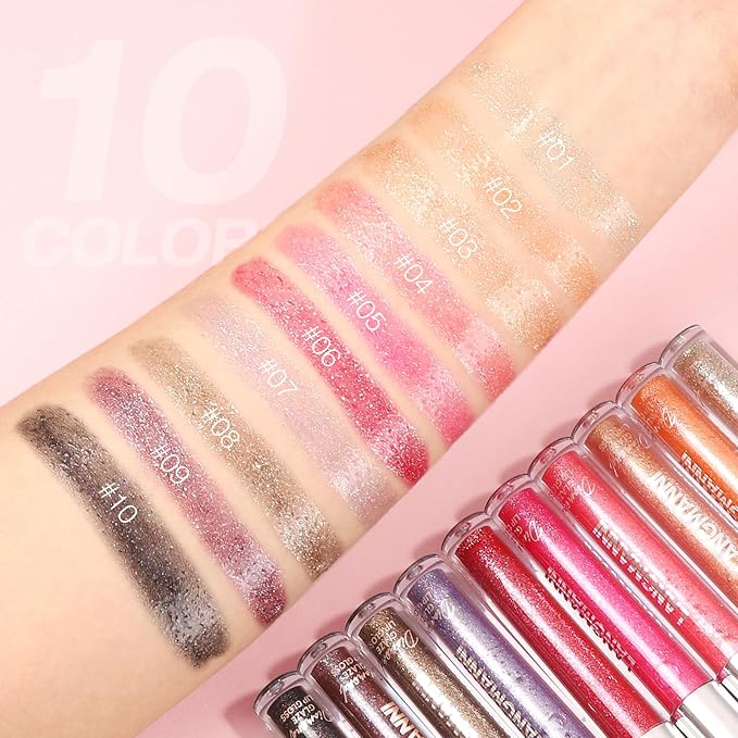 LANGMANNI 6 Colors Diamond Glitter Lip Gloss Set,Long Lasting High Shine Shimmer Liquid Lipstick Set,Hydrating,Moisturizing Lip Gloss Kit Gift Makeup For Girls(#01+02+03+04+05+06)