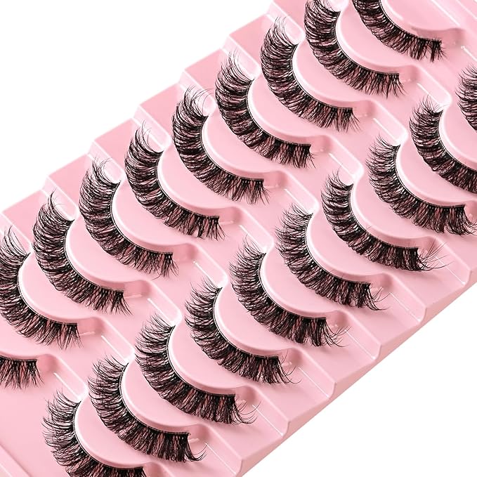 Lashes False Wispy Eyelashes Natural Cat Eye Lash Strips 10 Pairs Fake Mink Eyelash Pack 9-14mm Natural Look Fluffy Strip Lashes Clear Band Easy Eyelashes for Beginners with Cluster Looking