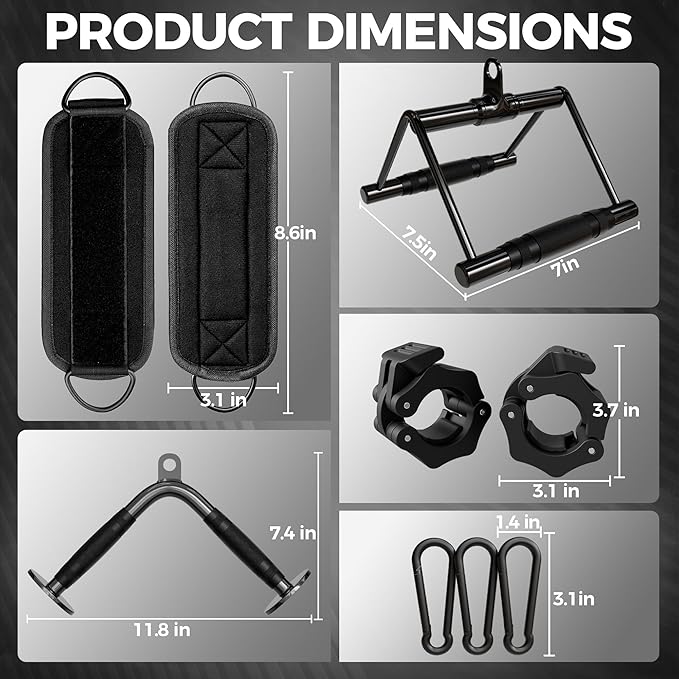 Mikolo Cable Attachments for Gym, Heavy-Duty Cable Machine Attachment Set with LAT Pulldown, V Bar, Double D Handle, Ankle Straps, and Barbell Clamps for Home Gym