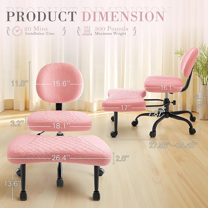 Furmax Ergonomic Criss Cross Legged Office Chair with Wheels, 360°Swivel Adjustable Height Kneeling Desk Chair with Footrest for ADHD, Yoga, Meditation, Home Office (Teddy Fabric, Pink)