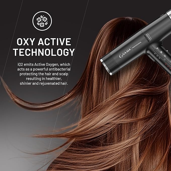 GA.MA iQ2 Perfetto Hair Dryer with 120,000 RPM Intelligent Turbo Motor, Auto-Standby, Oxy Active Technology, Includes 10 Filters, Black