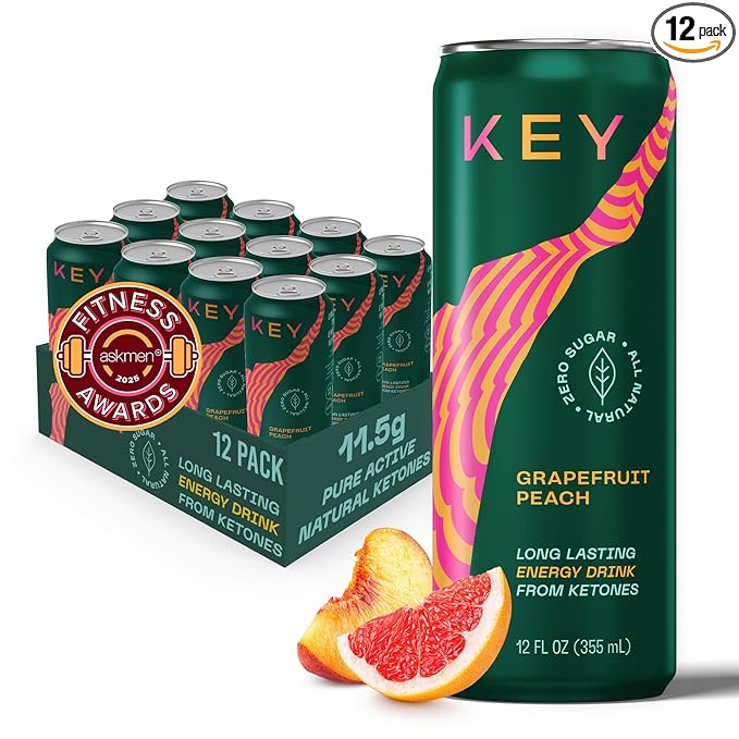 KEY Ketone Energy Drink - Sugar Free, 80mg Low Caffeine, All Natural, 11.5g Ketones, Long Lasting Energy, Green Tea & L-Theanine for Mental Focus, Grapefruit Peach (Pack of 12)