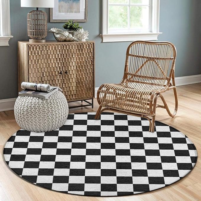 Large Machine Washable Circular Rugs, Home Decor Round Mat for Living Room Sofa Office Compatible with Black and White Checkered