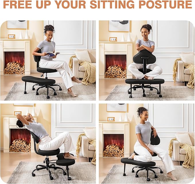 Cross Legged Office Chair, Criss Cross Desk Chair ADHD Meditation Kneeling Yoga Seat with Adjustable Height, Lumbar Support, Wider Footrest and Wheels (Black)