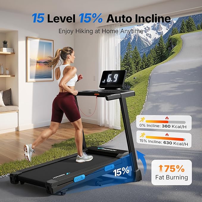 MERACH Treadmills for Home with Incline 6%-15%, 300 LBS Capacity Double Deck Foldable Treadmill with Incline, 0.5-7.5MPH Quiet 2.5HP Brushless Incline Treadmill LED Display with Smart APP