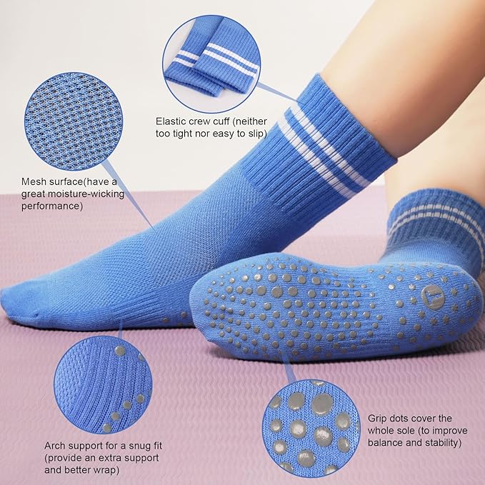 Toes Home Pilates Socks for Women with Non Slip Grippers, Yoga Crew Socks for Barre Hospital Sticky Slipper Socks 4 Pairs