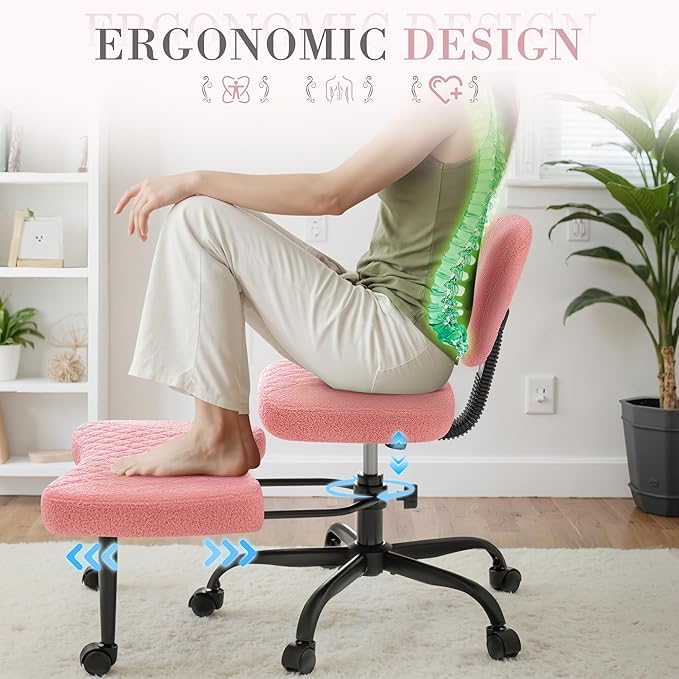 Furmax Ergonomic Criss Cross Legged Office Chair with Wheels, 360°Swivel Adjustable Height Kneeling Desk Chair with Footrest for ADHD, Yoga, Meditation, Home Office (Teddy Fabric, Pink)
