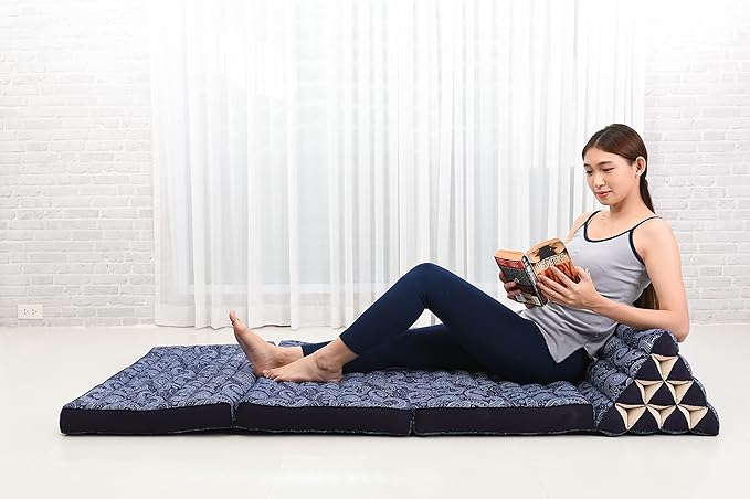 Leewadee Comfortable Japanese Floor Mattress - Thai Floor Bed with Triangle Cushion - Futon Mattress - XL Extra Wide Thai Massage Mat, 67 x 31 inches, Blue White, Kapok Filling