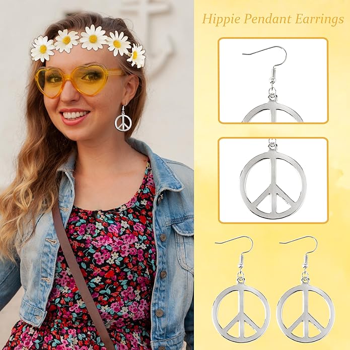 choice of all Peace Sign Necklace Earrings Sunflower Headband Set for Women 60s 70s Outfits Hip Hop Hippie Jewelry Halloween Costume Accessories