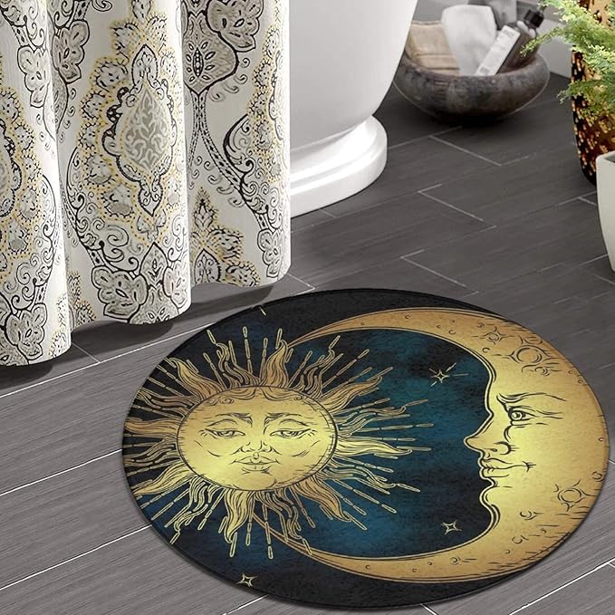 Large Home Decor Mat, Soft Round Yoga Carpet, Non-Slip Machine Washable Home Office Circle Rug Compatible with Boho Gold Sun Crescent Moon Star