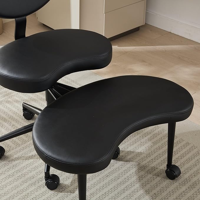 Cross-Legged Meditation Chair with Wheels, Adjustable Desk Chair for Home Office, Ergonomic Floor Seat for ADHD & Yoga, Criss Cross Chair with Lumbar Support, Memory Foam Cushion (Black-PU Leather)