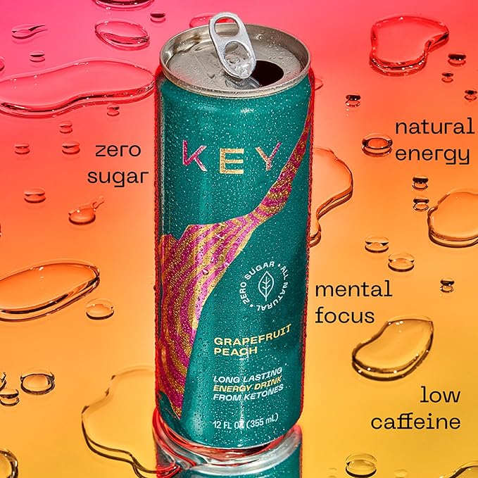 KEY Ketone Energy Drink - Sugar Free, 80mg Low Caffeine, All Natural, 11.5g Ketones, Long Lasting Energy, Green Tea & L-Theanine for Mental Focus, Grapefruit Peach (Pack of 12)