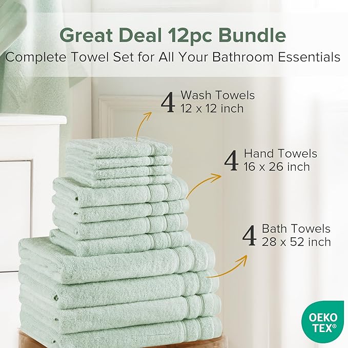 Comfort Spaces Luxury Bath Towel Set of 12 - 4 Large, 4 Hand, 4 Washcloths, 100% Cotton Quick Dry, Zero Twist, Soft Lightweight, Seafoam Green