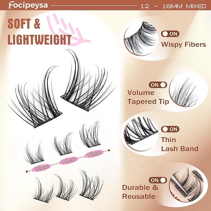 Focipeysa Lashes Wispy Cluster Lashes Natural Lash Clusters 10-16mm Eyelash Clusters Salon Effect Pestañas Postizas Naturales Fairy DIY Individual Eye Lashes Extensions Pack Spiky Lash