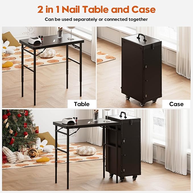 Icoget Rolling Manicure Table on Wheels, Portable Nail Desk, Foldable Nail Table w/Polish Tray and Storage, Traveling Nail Case w/Detachable Adjustable Height Workstation