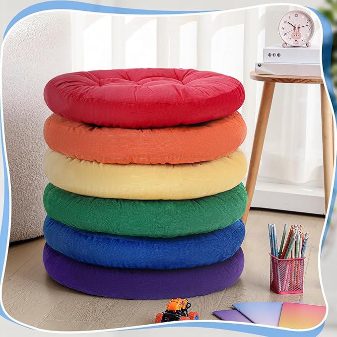 Jerify 6 Pcs Round Floor Pillows Cushions 22 x 22 Inch Large Flexible Seating Cushion Classroom Furniture Floor Pillow for Kids Adults Home Daycare Preschool Yoga Meditation Gift (Rainbow Color)