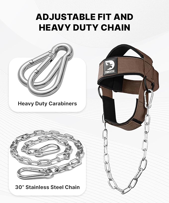 DMoose Fitness Neck Harness for Weight Lifting - Soft Padded Head & Chin Strap with 30" Heavy Duty Steel Chain - Neck Exerciser, Trainer & Strengthener to Support Injury Recovery and Intense Workouts