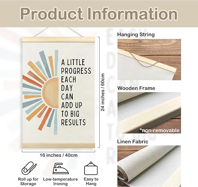 TLESKE Mental Health Inspirational Poster Hanger Frame, a Little Progress Each Day Special Education Wall Art Decor for Kids Room Classroom Therapy Counseling Office, Boho Sun Picture Prints, 16x24