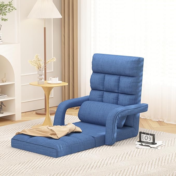 Floor Gaming Chair, 6 Adjustable Position Comfy Chair with Back Support, Ergonomic Chaise Lounge Chair, Meditation Chair with Armrest for Living Room, Bedroom, Blue