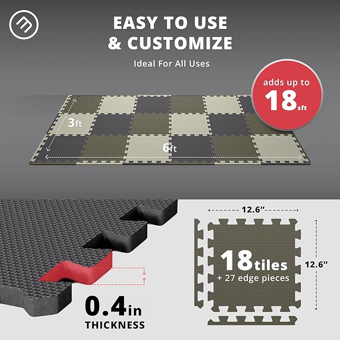 bemaxx Gym Mats Set - 18 pcs EVA Interlocking Foam Floor Tiles (12.6"x12.6"x0.4") 18sqft Protective Gym Flooring Sports Home Workout Exercise Mats Puzzle Garage Fitness Play-Room Garage Pool Treadmill