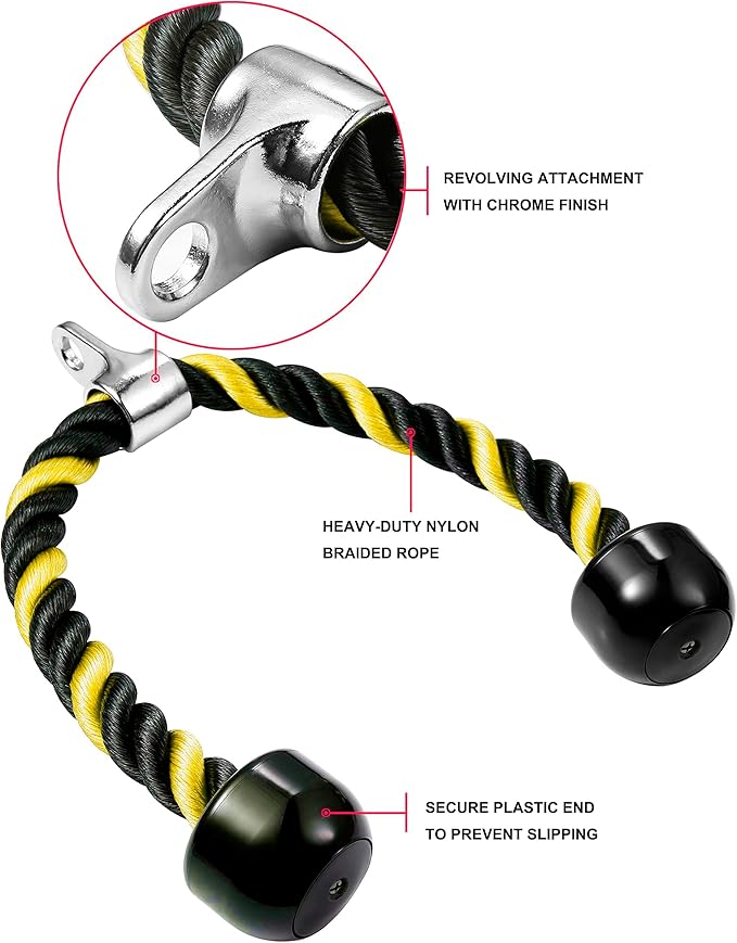 Deluxe Tricep Rope Pull Down Cable, 27 & 36 Inch Rope Length, Easy to Grip & Non-Slip Cable Attachment for Gym Workout Exercise