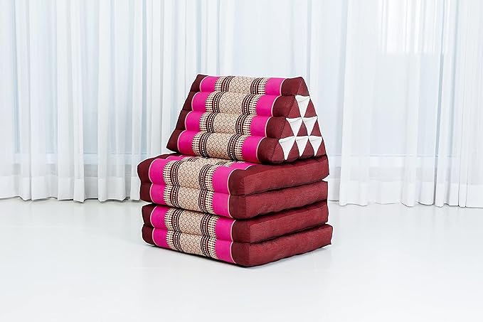 Leewadee Comfortable Japanese Floor Mattress - Thai Floor Bed with Triangle Cushion - Futon Mattress - XL Extra Long Thai Massage Mat, 89 x 20 inches, Auburn Pink, Kapok Filling