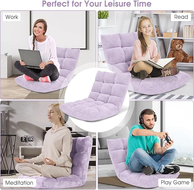GORELAX Memory Foam Floor Chair, 14-Poistion Adjustable Reading Gaming Chair Recliner, Folding Cushioned Meditation Chair with Back Support, Padded Lazy Sofa for Adults, Kids (Light Purple)