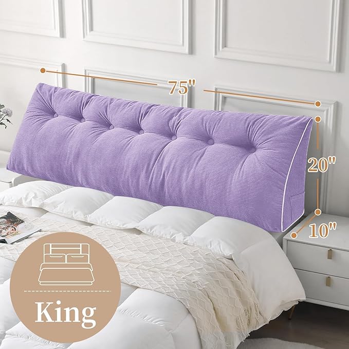Sasttie Headboard Pillow King, Wedge Pillow Headboard for Sitting Up in Bed, Back-Rest Support Triangular Cushion for Reading - Features Removable Washable Cover, Purple
